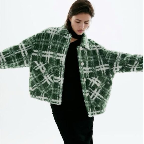 Zara Combination Plaid Fleece Button Front Jacket in Green/White | Small - Picture 1 of 10
